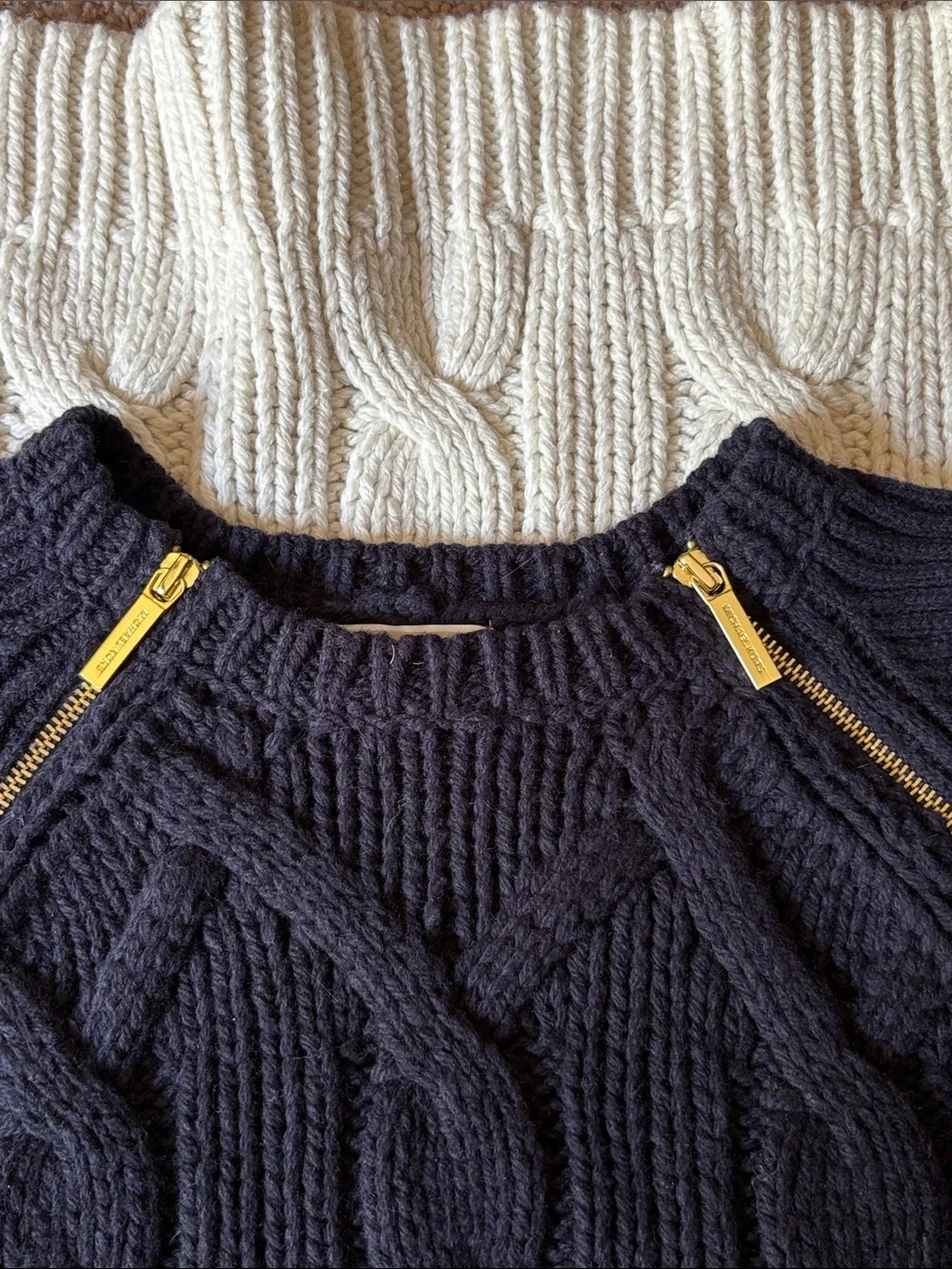 Michael Kors navy blue Sweater with Cream Hem and Gold Zipper pulls size L
